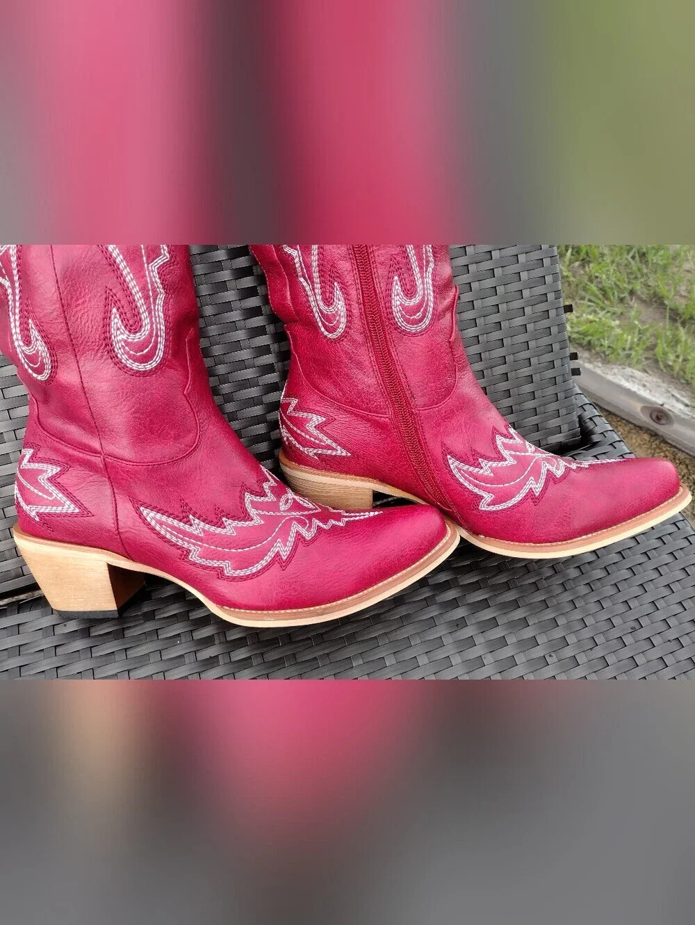 Red Over-the-Knee Western Cowboy Boots Lace-Up Snip Toe 7.5